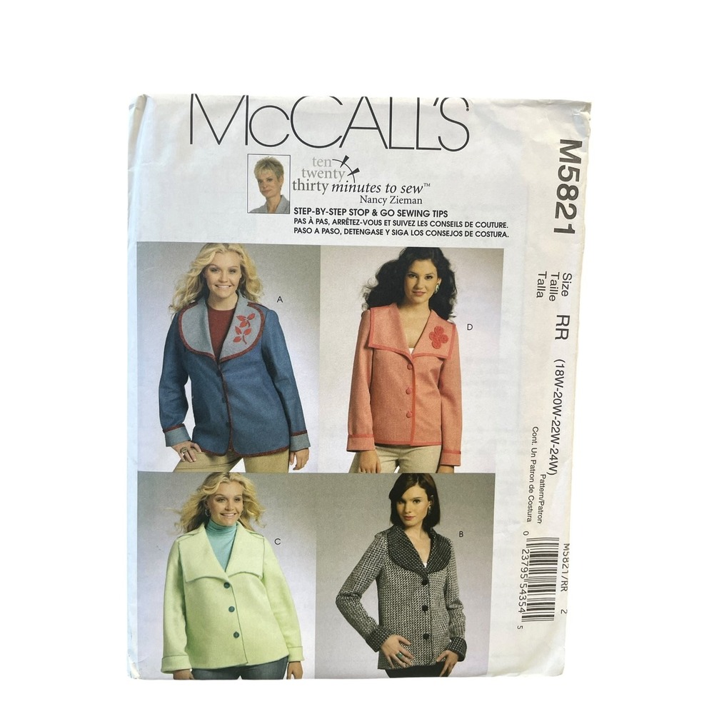 McCall's M5821 Jacket Women's Plus Size 18W 20W 22W 24W Easy Sew Top